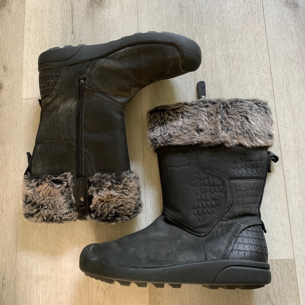 KEEN Hoodoo III Waterproof Winter Boots Black Faux Fur Insulated Leather Womens